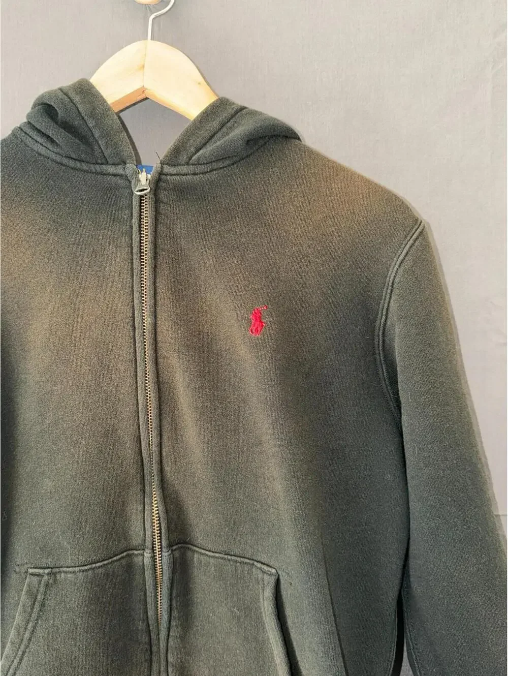Polo Ralph Lauren Youth L 14-16 Full Zip Hoodie Black Sun Faded Distressed Grung